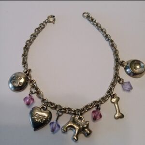Silver Tone 7" Doggie Charm Bracelet Amethyst Purples Dangle Beads Spring Ring